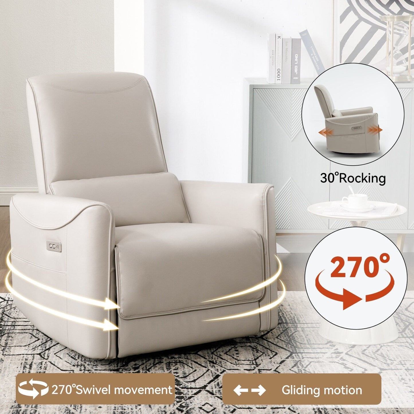 Poltrona reclinabile ergonomica marrone con rotazione a 270°, oscillazione delicata, rivestimento resistente e ricarica USB e Type-C