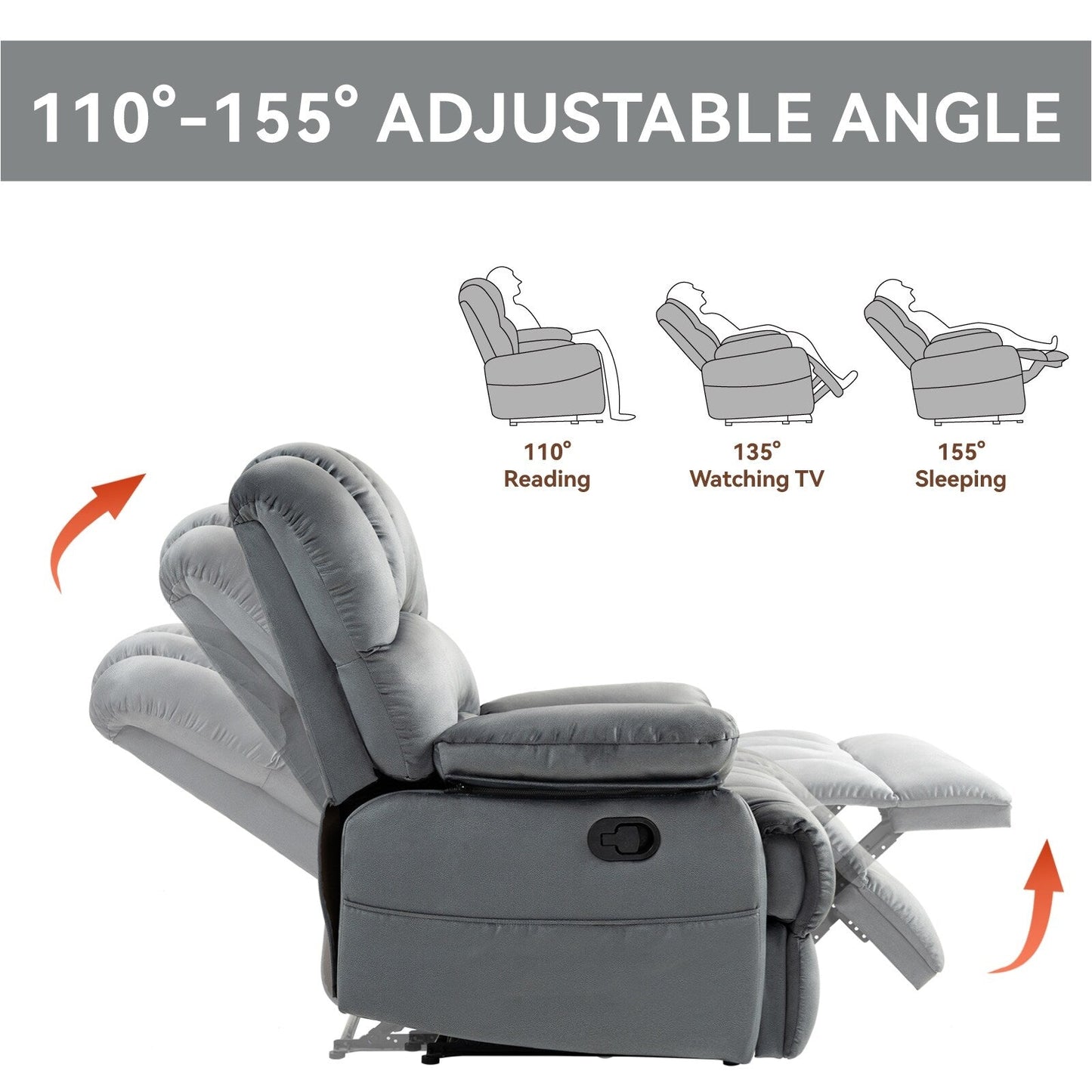 Poltrona reclinabile manuale extra large marrone con angolo di reclinazione di 155° e comodo rivestimento in tessuto