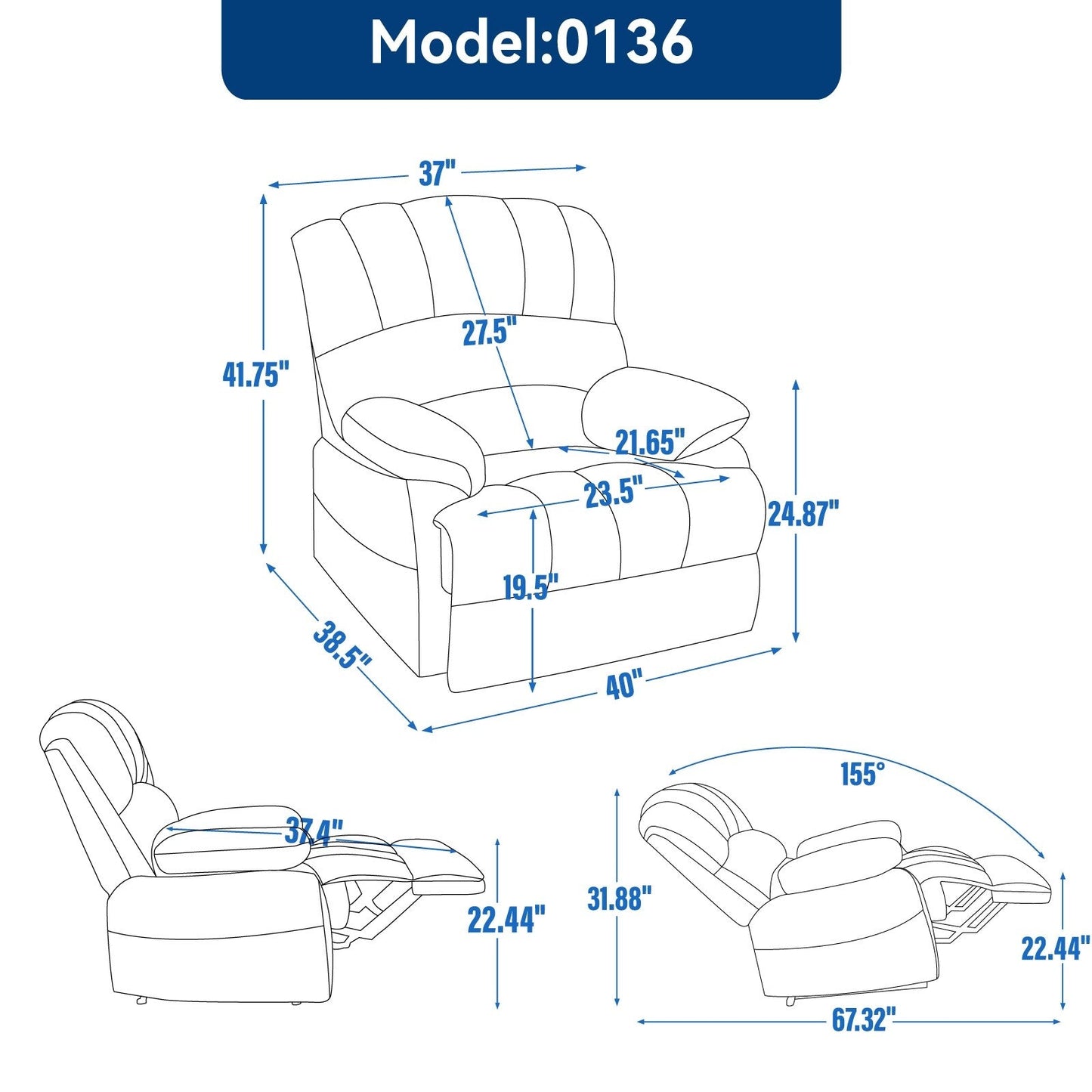 Poltrona reclinabile manuale extra large marrone con angolo di reclinazione di 155° e comodo rivestimento in tessuto