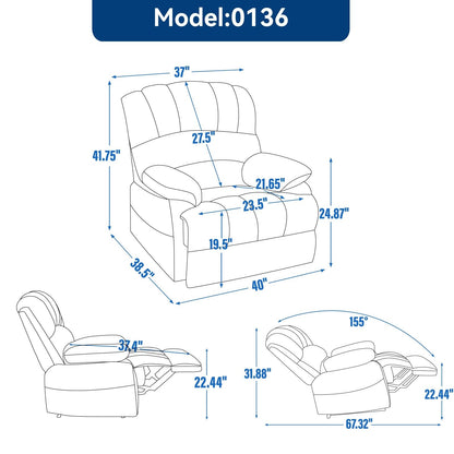 Poltrona reclinabile manuale extra large marrone con angolo di reclinazione di 155° e comodo rivestimento in tessuto