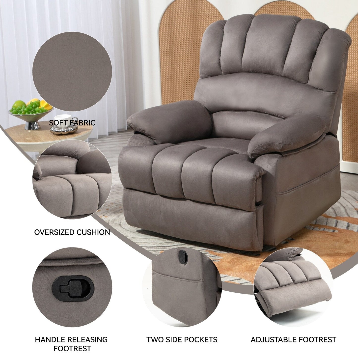 Poltrona reclinabile manuale extra large marrone con angolo di reclinazione di 155° e comodo rivestimento in tessuto