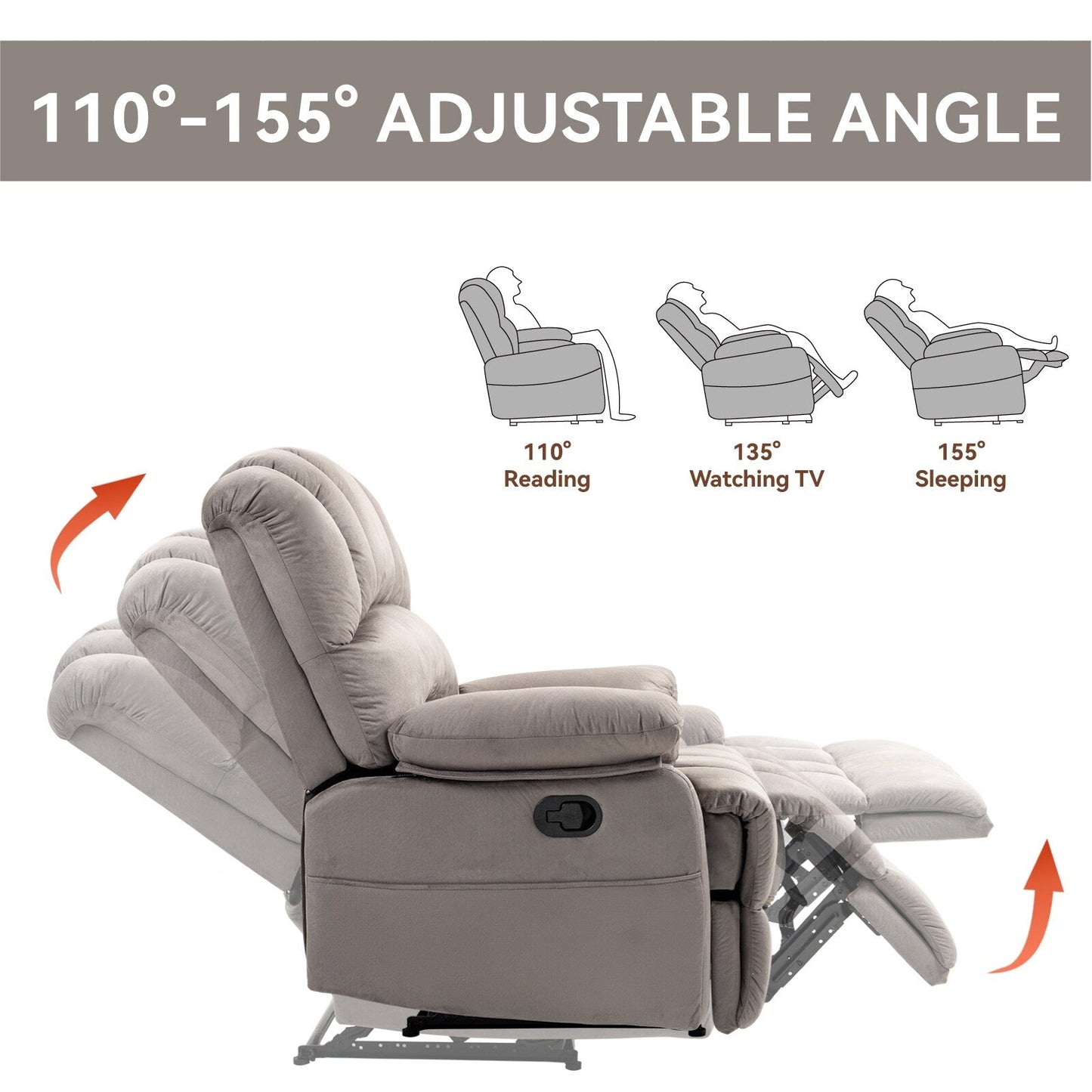 Poltrona reclinabile manuale extra large marrone con angolo di reclinazione di 155° e comodo rivestimento in tessuto