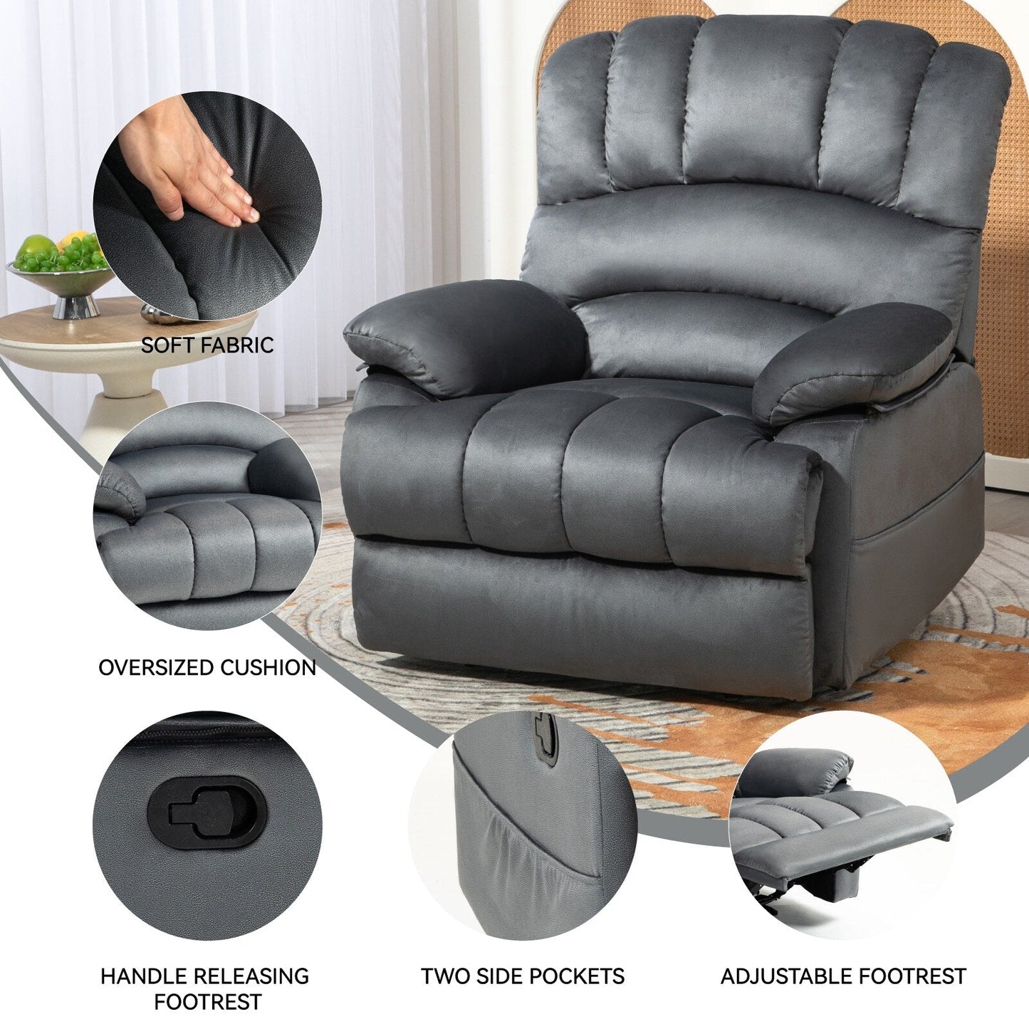 Poltrona reclinabile manuale extra large marrone con angolo di reclinazione di 155° e comodo rivestimento in tessuto
