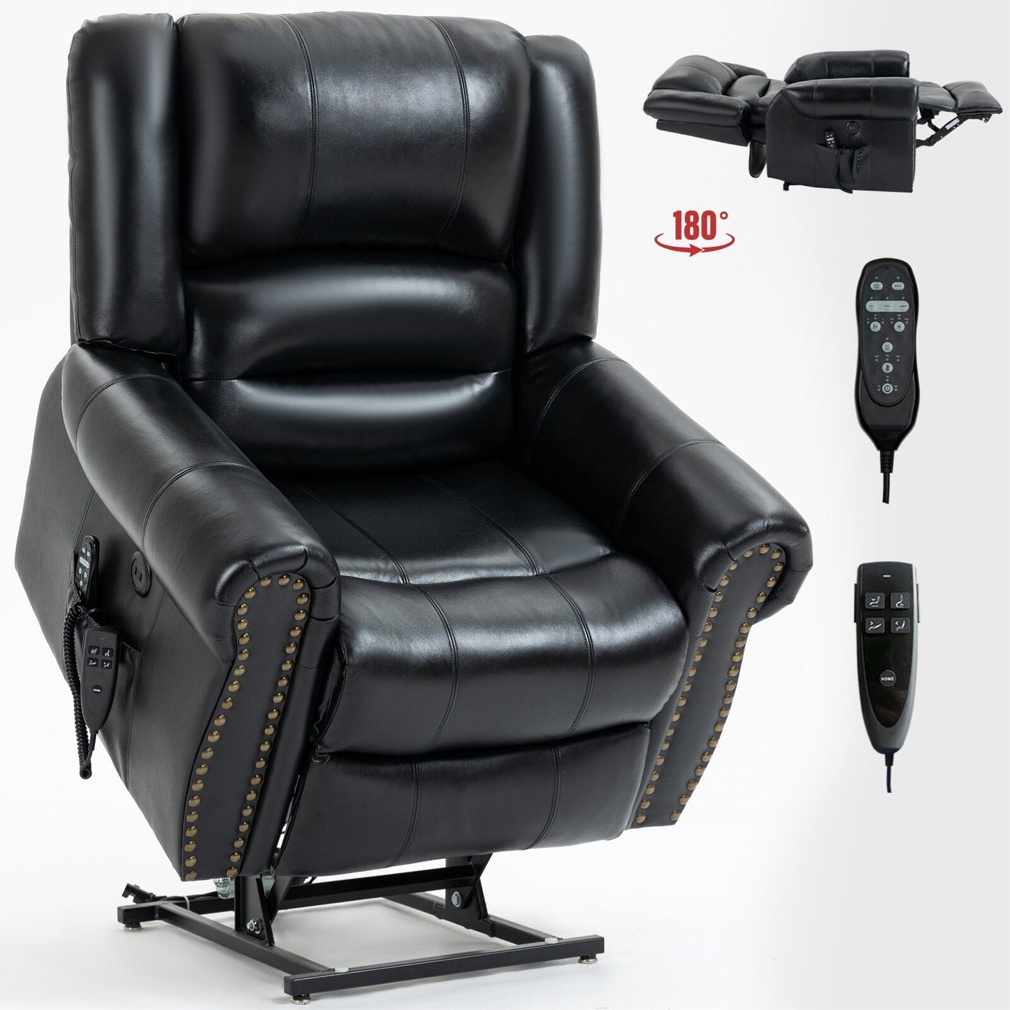 Poltrona reclinabile elettrica in vera pelle marrone con doppio motore, massaggio riscaldato, porte USB e funzione di reclinazione completa