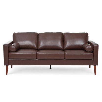 Divano a 3 posti in PU marrone Mid Century Modern 76,7 con struttura in ferro e legno per soggiorno