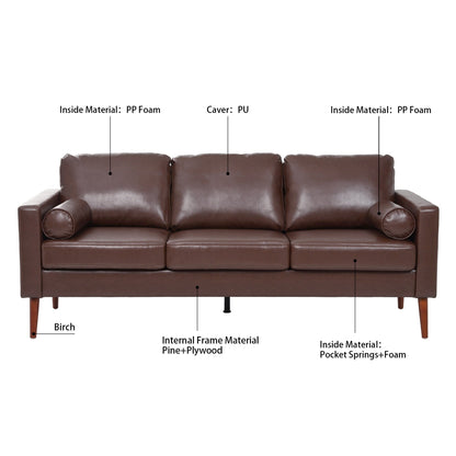 Divano a 3 posti in PU marrone Mid Century Modern 76,7 con struttura in ferro e legno per soggiorno