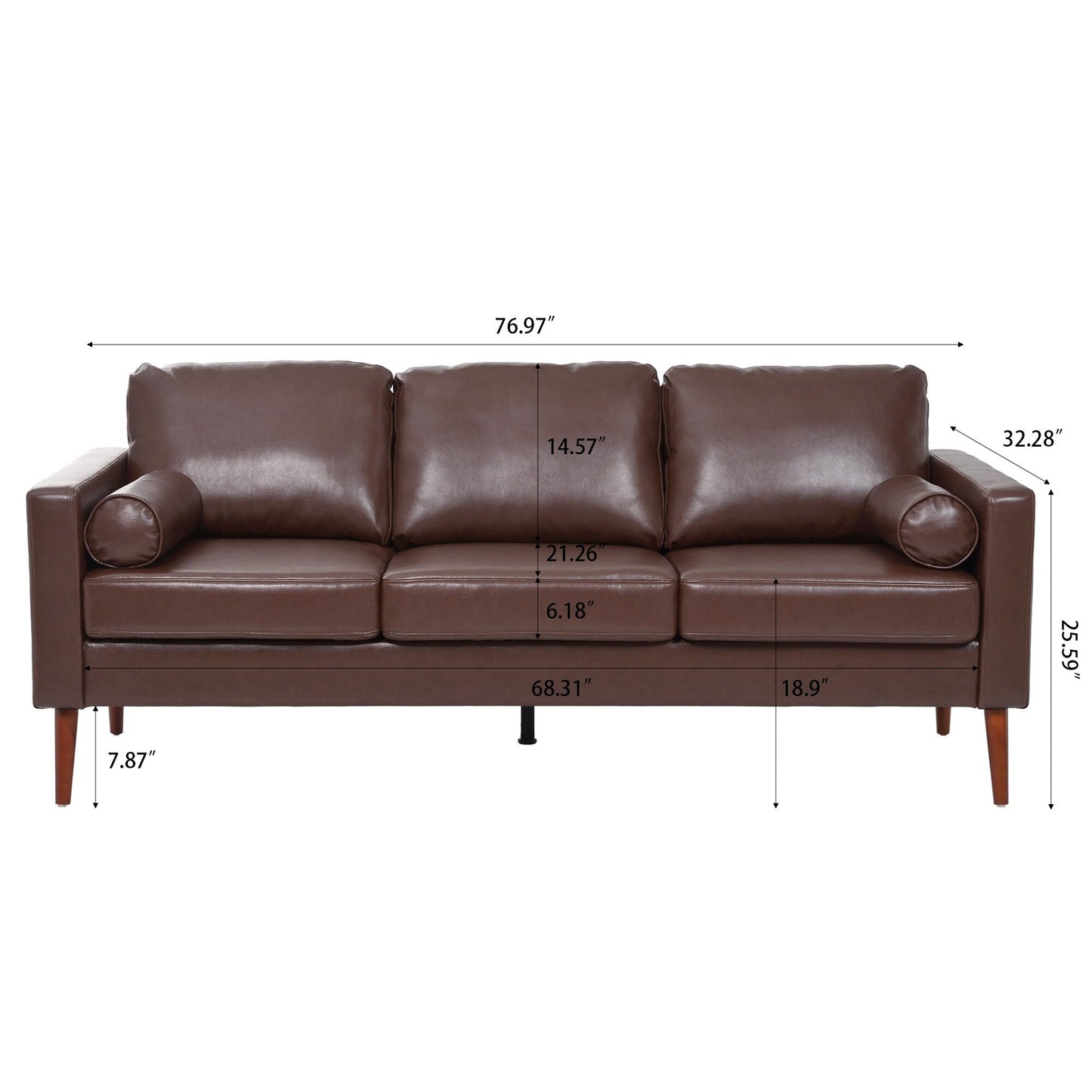 Divano a 3 posti in PU marrone Mid Century Modern 76,7 con struttura in ferro e legno per soggiorno