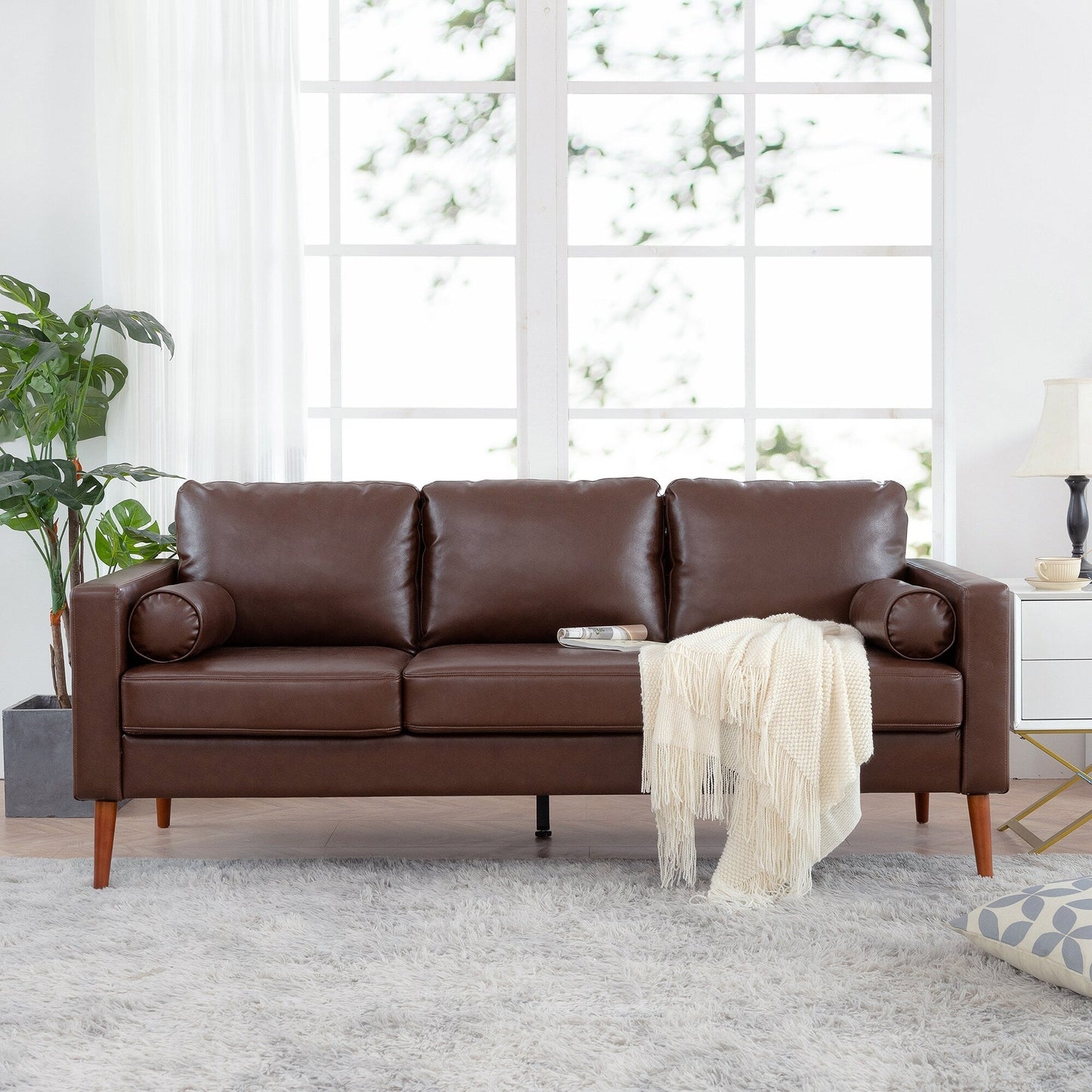 Divano a 3 posti in PU marrone Mid Century Modern 76,7 con struttura in ferro e legno per soggiorno