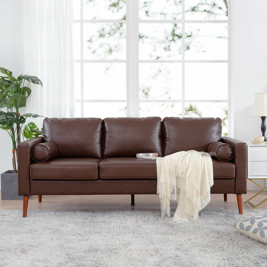 Divano a 3 posti in PU marrone Mid Century Modern 76,7 con struttura in ferro e legno per soggiorno