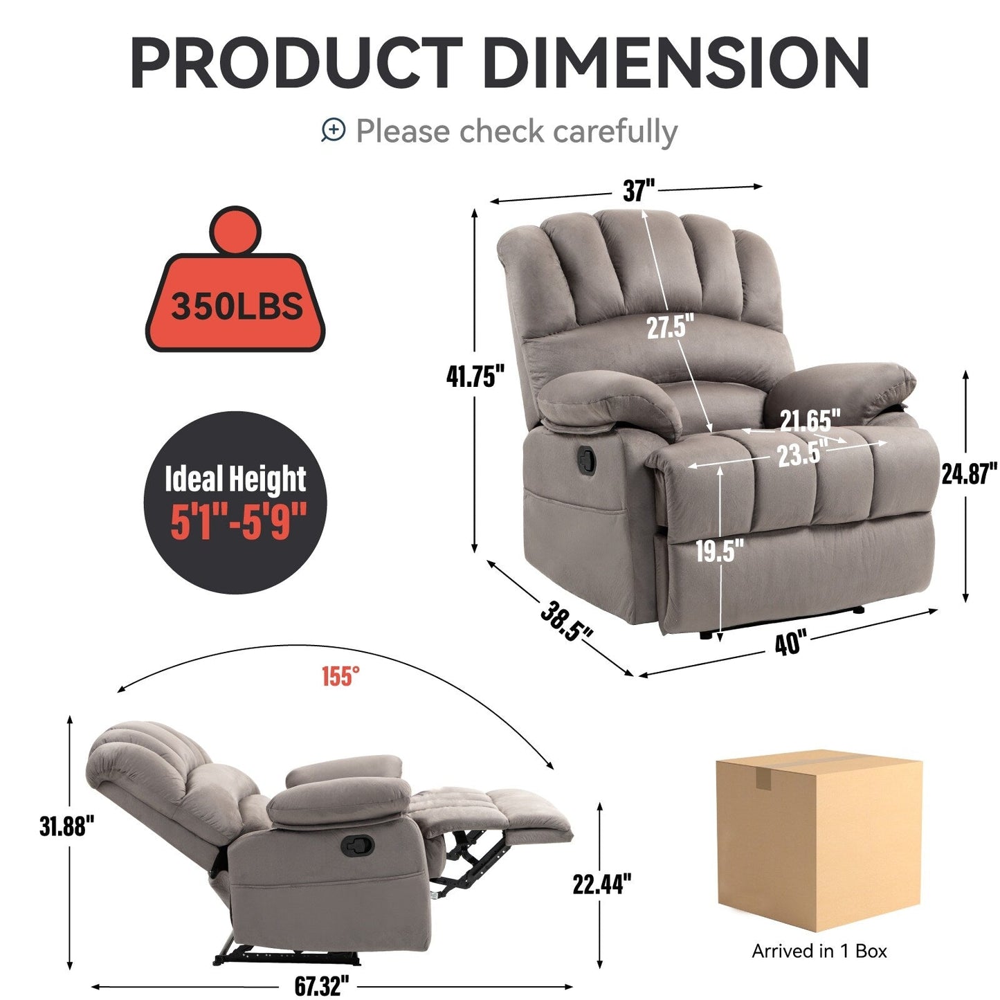 Poltrona reclinabile manuale oversize marrone con reclinazione di 155°, facile da montare e design extra-large per il soggiorno