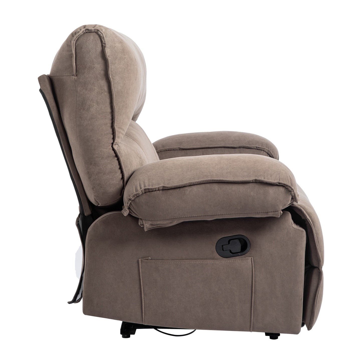Poltrona reclinabile manuale oversize rivestita in velluto marrone con cuscino lombare riscaldabile e massaggiante, braccioli con cuscino, tasche laterali
