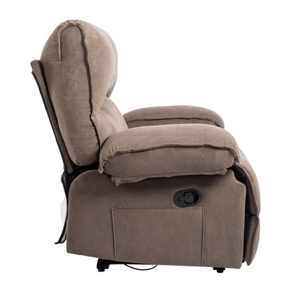 Poltrona reclinabile manuale oversize rivestita in velluto marrone con cuscino lombare riscaldabile e massaggiante, braccioli con cuscino, tasche laterali