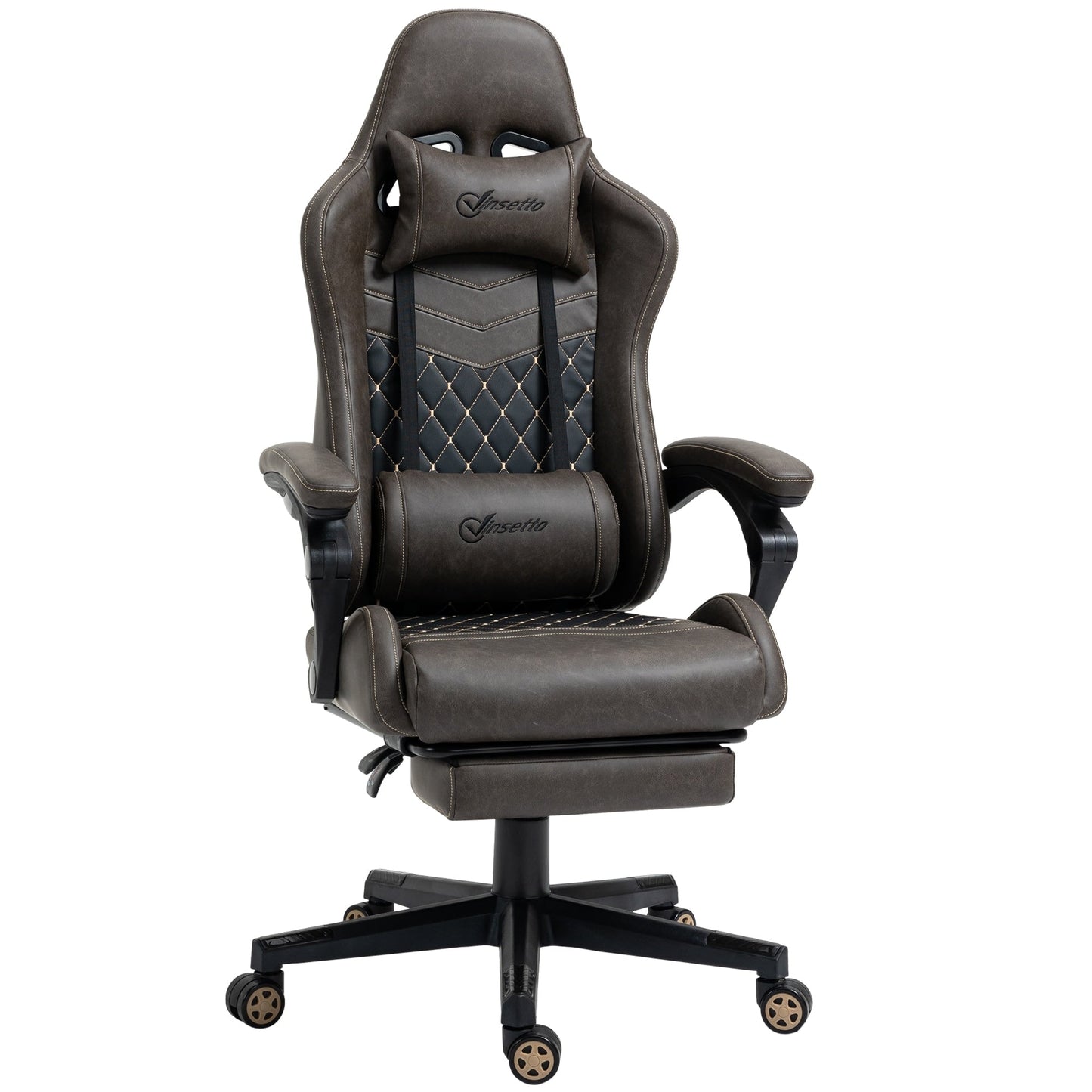 Poltrona reclinabile da gioco girevole a 360° in pelle PU marrone con poggiapiedi, poggiatesta, supporto lombare e altezza regolabile