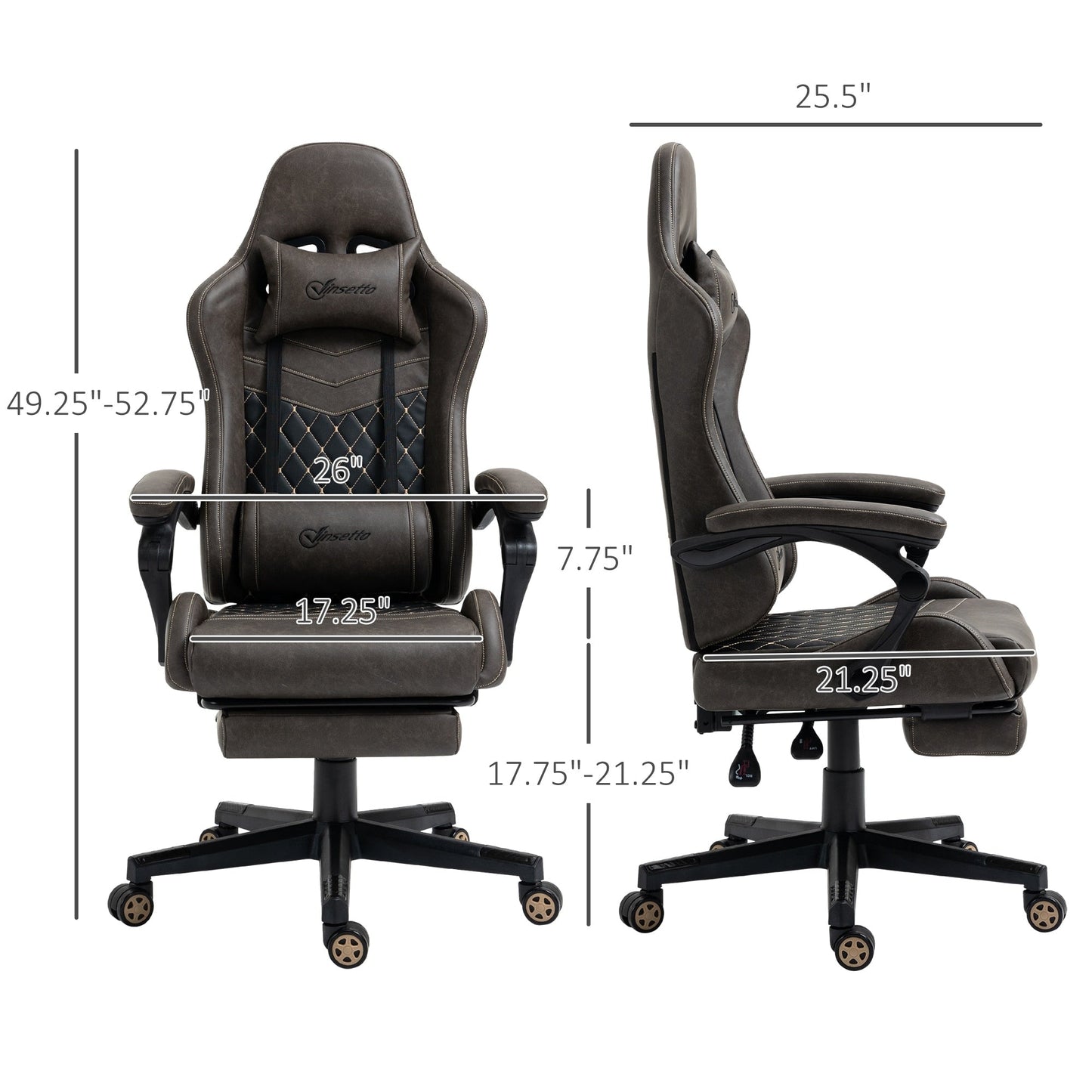 Poltrona reclinabile da gioco girevole a 360° in pelle PU marrone con poggiapiedi, poggiatesta, supporto lombare e altezza regolabile