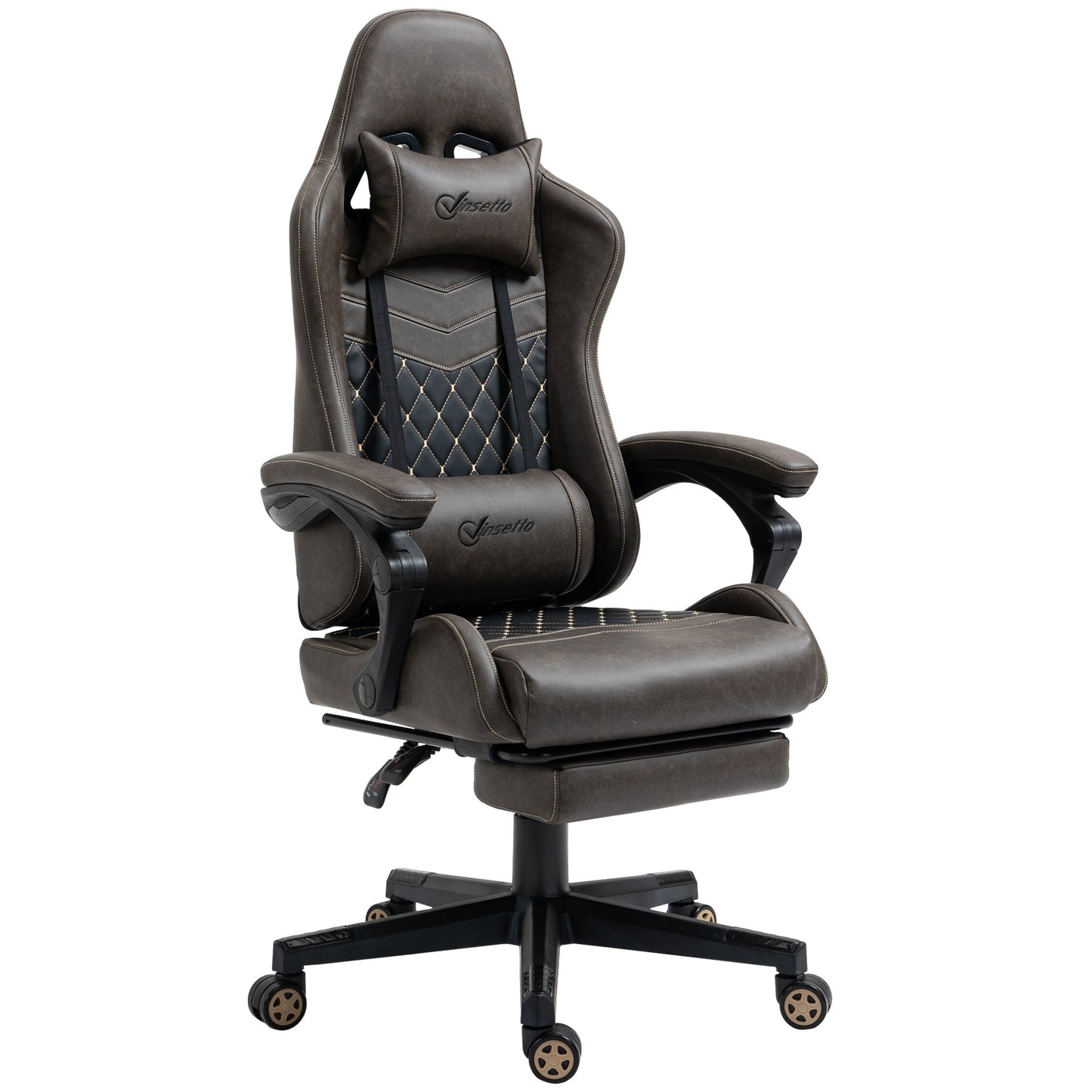 Poltrona reclinabile da gioco girevole a 360° in pelle PU marrone con poggiapiedi, poggiatesta, supporto lombare e altezza regolabile