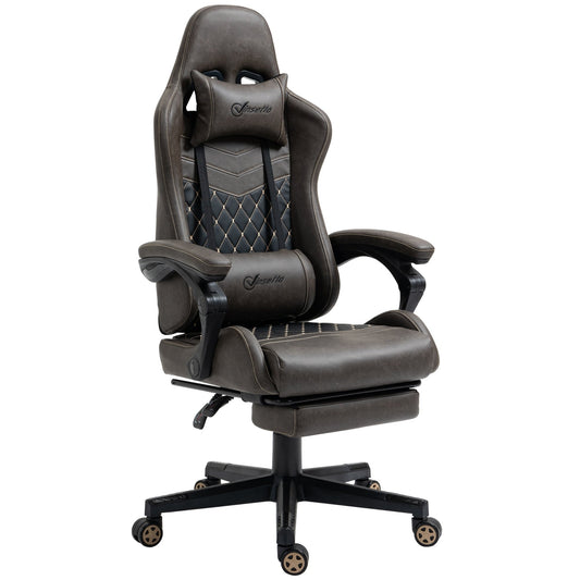 Poltrona reclinabile da gioco girevole a 360° in pelle PU marrone con poggiapiedi, poggiatesta, supporto lombare e altezza regolabile