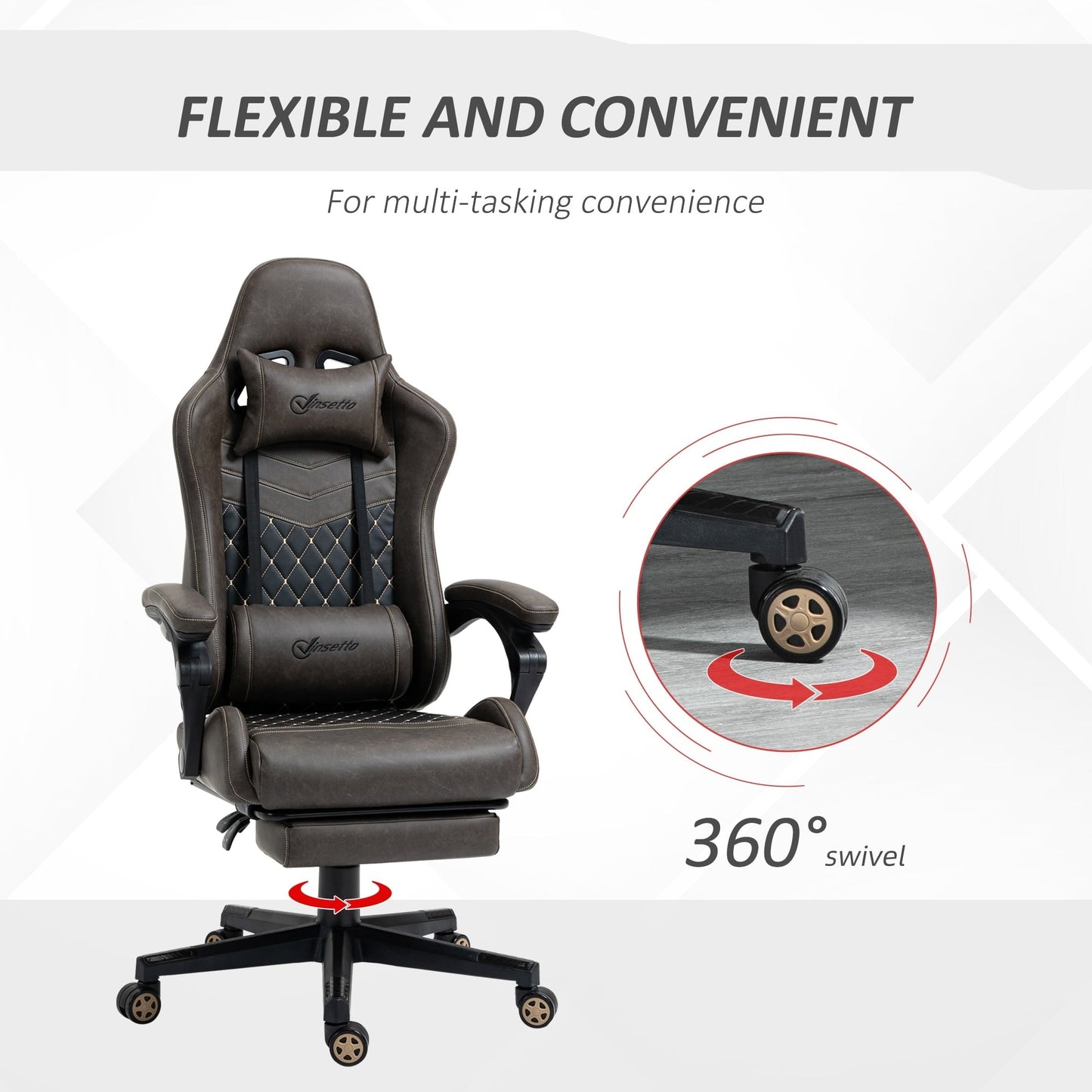 Poltrona reclinabile da gioco girevole a 360° in pelle PU marrone con poggiapiedi, poggiatesta, supporto lombare e altezza regolabile