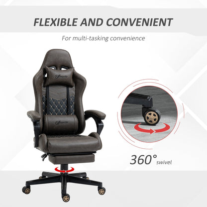 Poltrona reclinabile da gioco girevole a 360° in pelle PU marrone con poggiapiedi, poggiatesta, supporto lombare e altezza regolabile