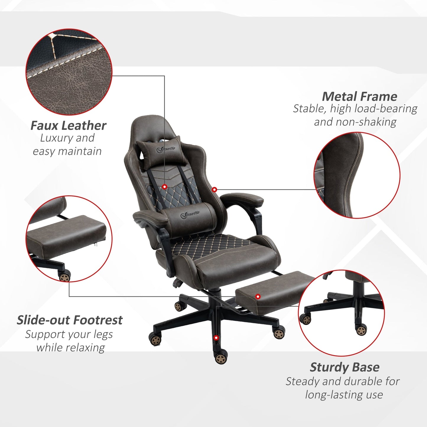 Poltrona reclinabile da gioco girevole a 360° in pelle PU marrone con poggiapiedi, poggiatesta, supporto lombare e altezza regolabile