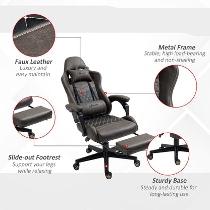 Poltrona reclinabile da gioco girevole a 360° in pelle PU marrone con poggiapiedi, poggiatesta, supporto lombare e altezza regolabile