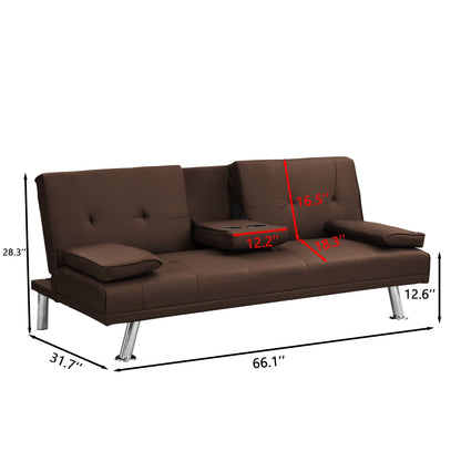Divano letto a due posti in PVC marrone con struttura in legno