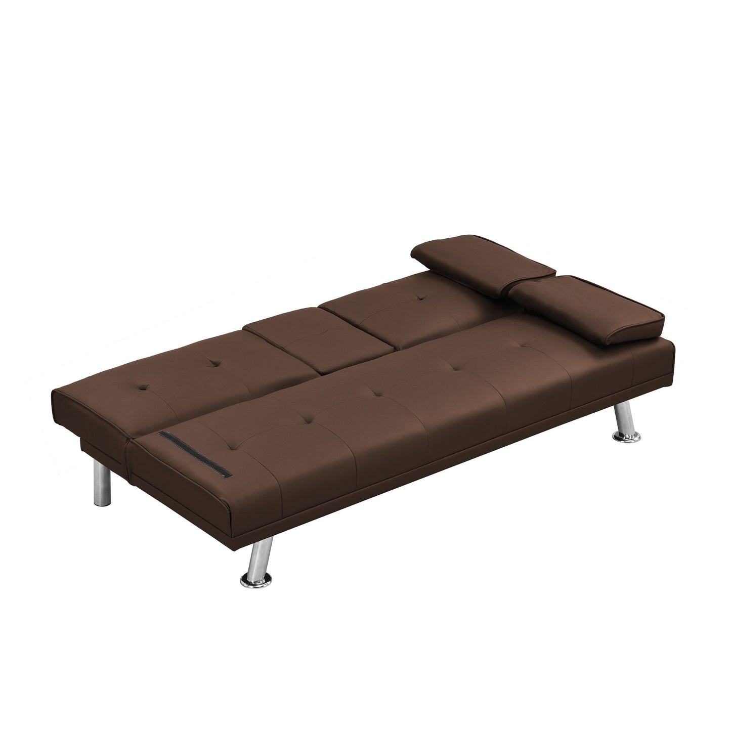 Divano letto a due posti in PVC marrone con struttura in legno