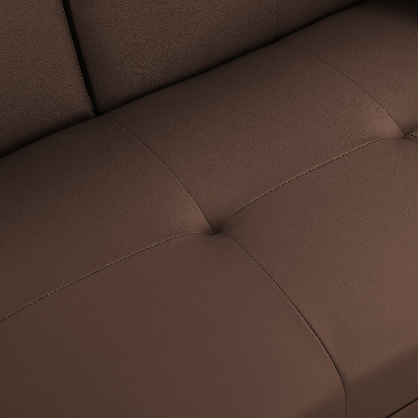 Divano letto a due posti in PVC marrone con struttura in legno
