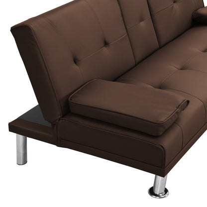 Divano letto a due posti in PVC marrone con struttura in legno