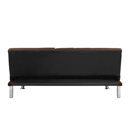 Divano letto a due posti in PVC marrone con struttura in legno