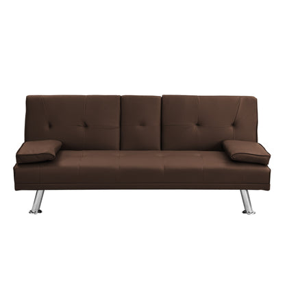 Divano letto a due posti in PVC marrone con struttura in legno