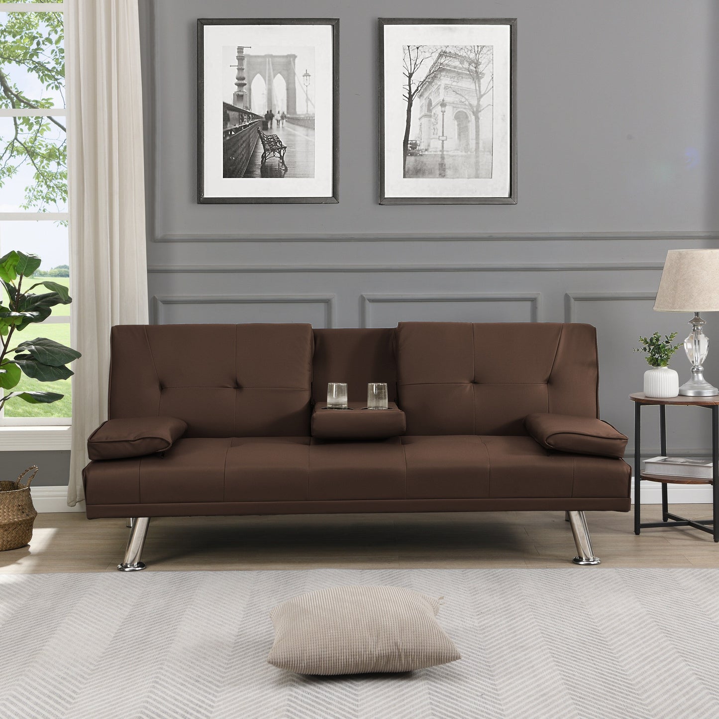 Divano letto a due posti in PVC marrone con struttura in legno