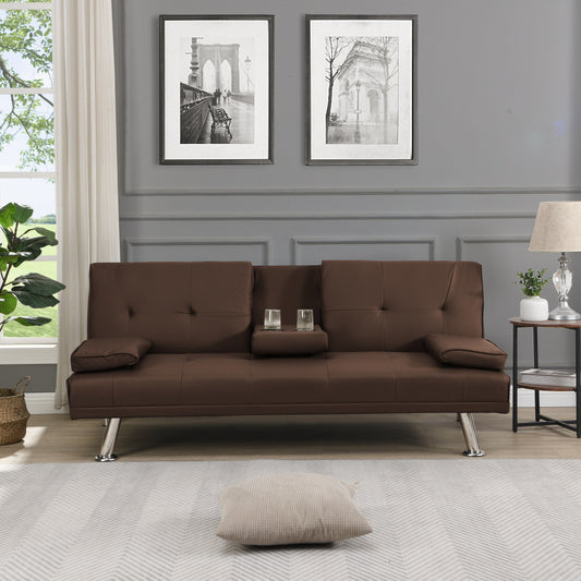 Divano letto a due posti in PVC marrone con struttura in legno