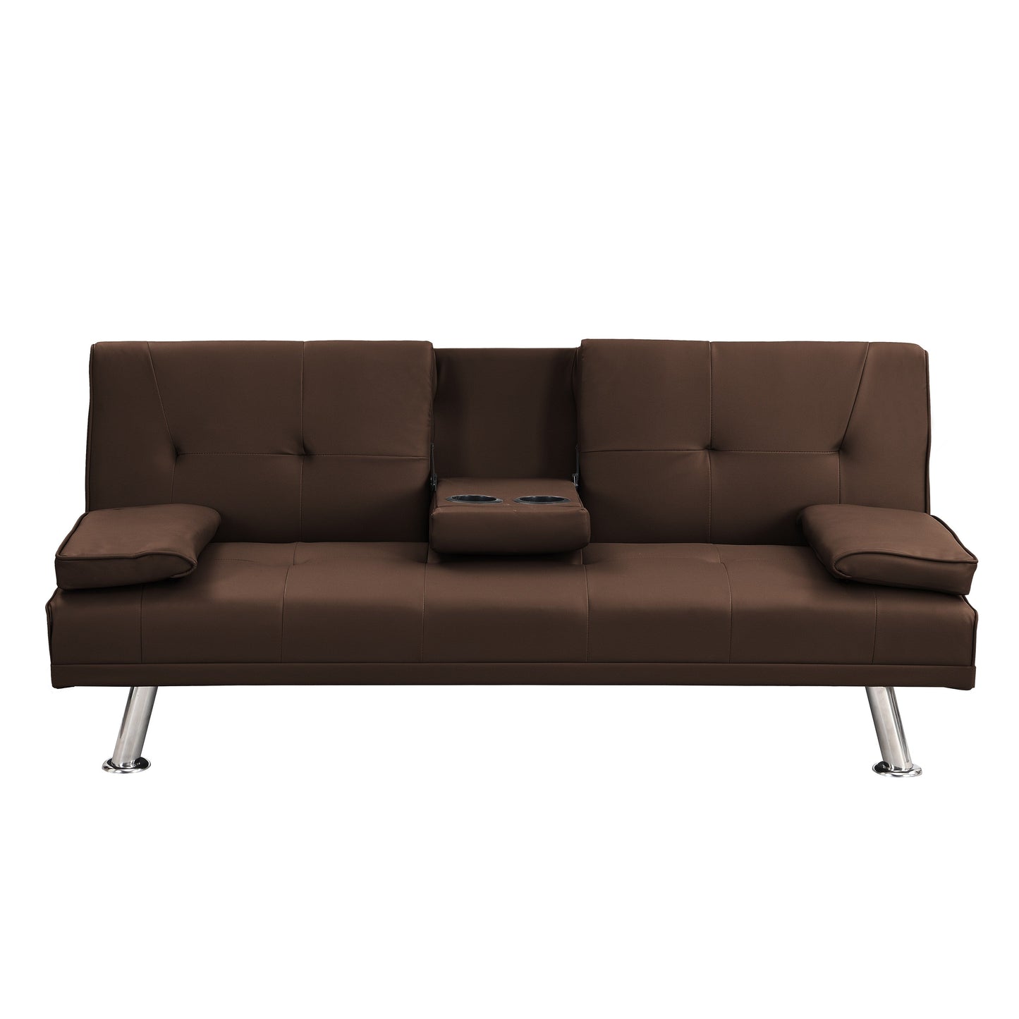 Divano letto a due posti in PVC marrone con struttura in legno