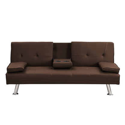 Divano letto a due posti in PVC marrone con struttura in legno