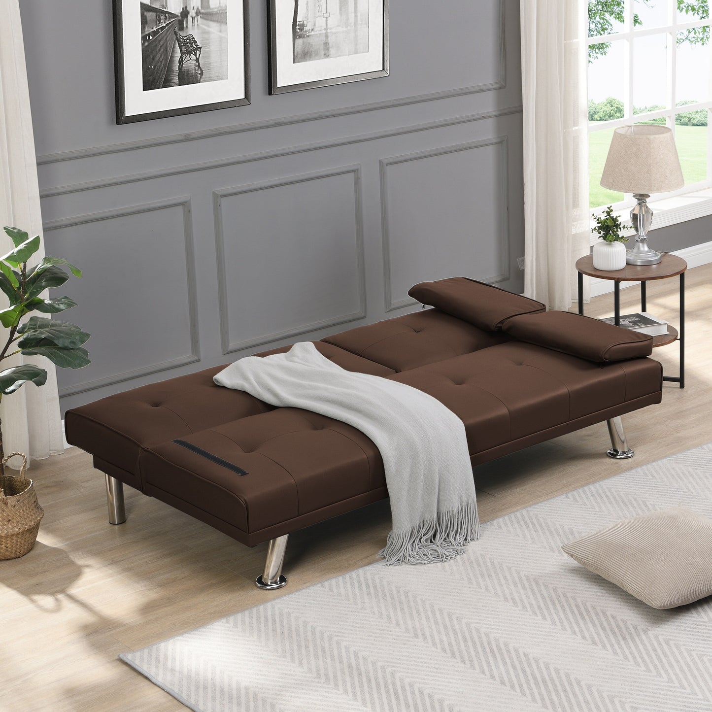 Divano letto a due posti in PVC marrone con struttura in legno