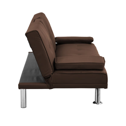 Divano letto a due posti in PVC marrone con struttura in legno