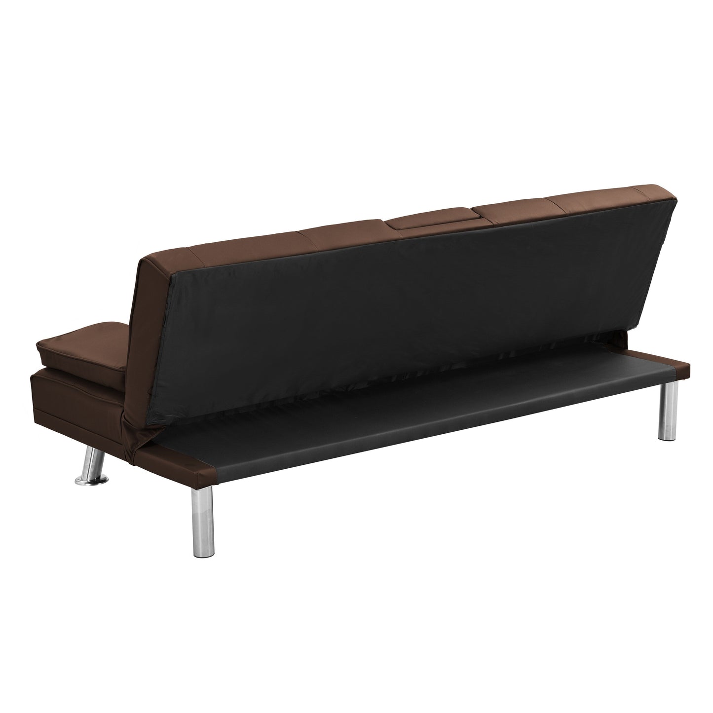 Divano letto a due posti in PVC marrone con struttura in legno