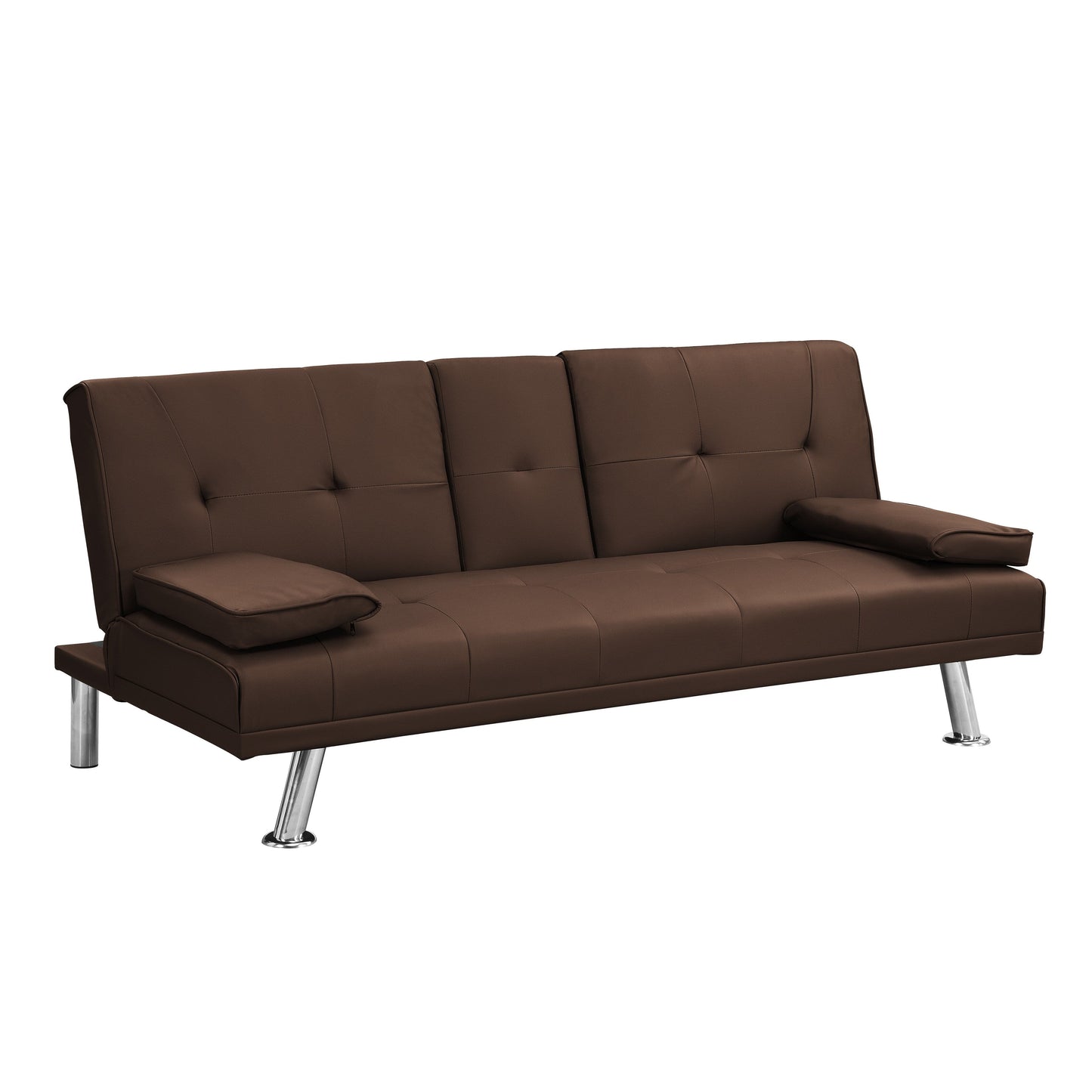 Divano letto a due posti in PVC marrone con struttura in legno