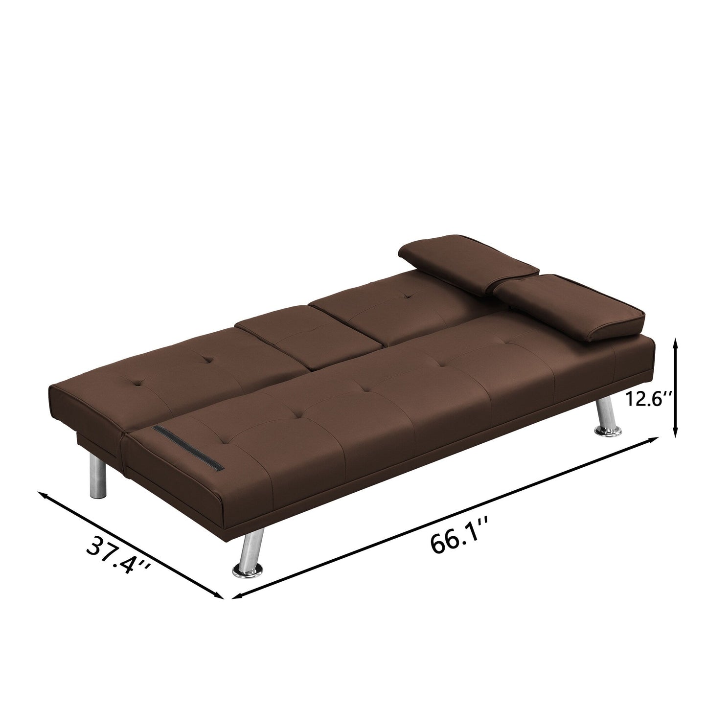 Divano letto a due posti in PVC marrone con struttura in legno