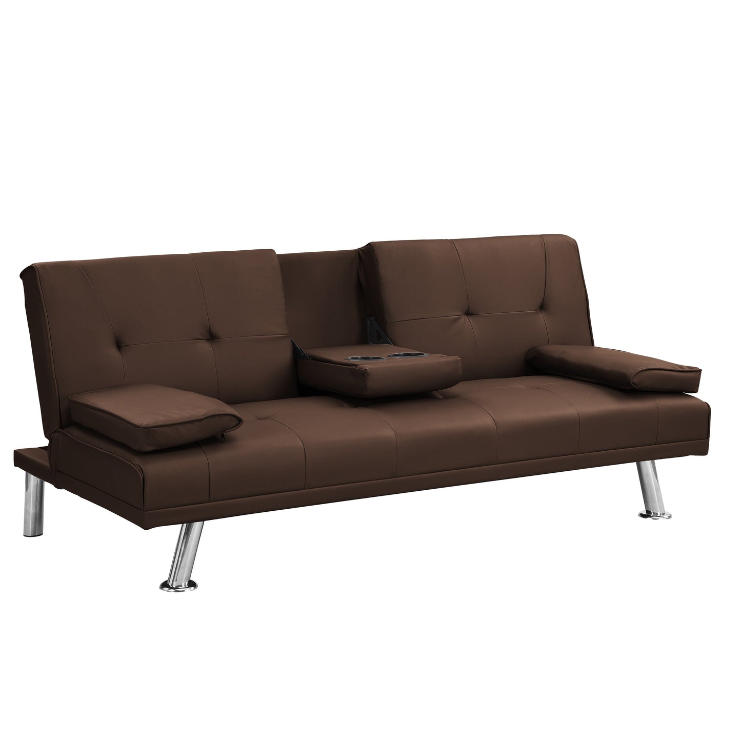 Divano letto a due posti in PVC marrone con struttura in legno