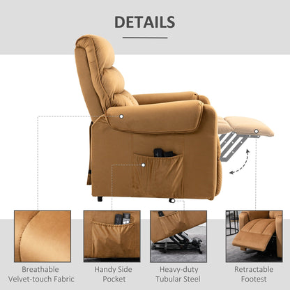 Poltrona reclinabile elettrica in velluto marrone con massaggio vibrante, telecomando, tasche laterali e struttura in acciaio resistente