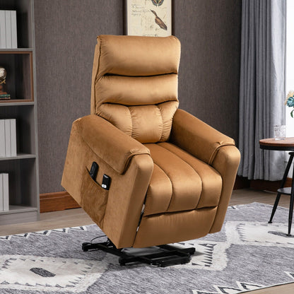 Poltrona reclinabile elettrica con rivestimento in velluto marrone, massaggio vibrante, telecomando, tasche laterali e reclinazione regolabile