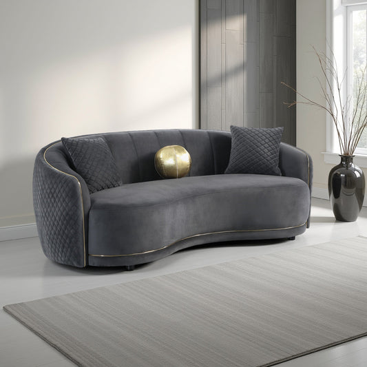 Divano curvo Buo, 92 pollici, poliestere grigio scuro, finiture dorate, 3 cuscini