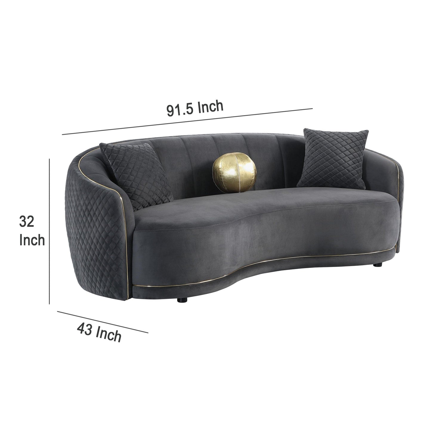 Divano curvo Buo, 92 pollici, poliestere grigio scuro, finiture dorate, 3 cuscini