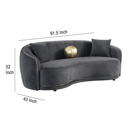 Divano curvo Buo, 92 pollici, poliestere grigio scuro, finiture dorate, 3 cuscini