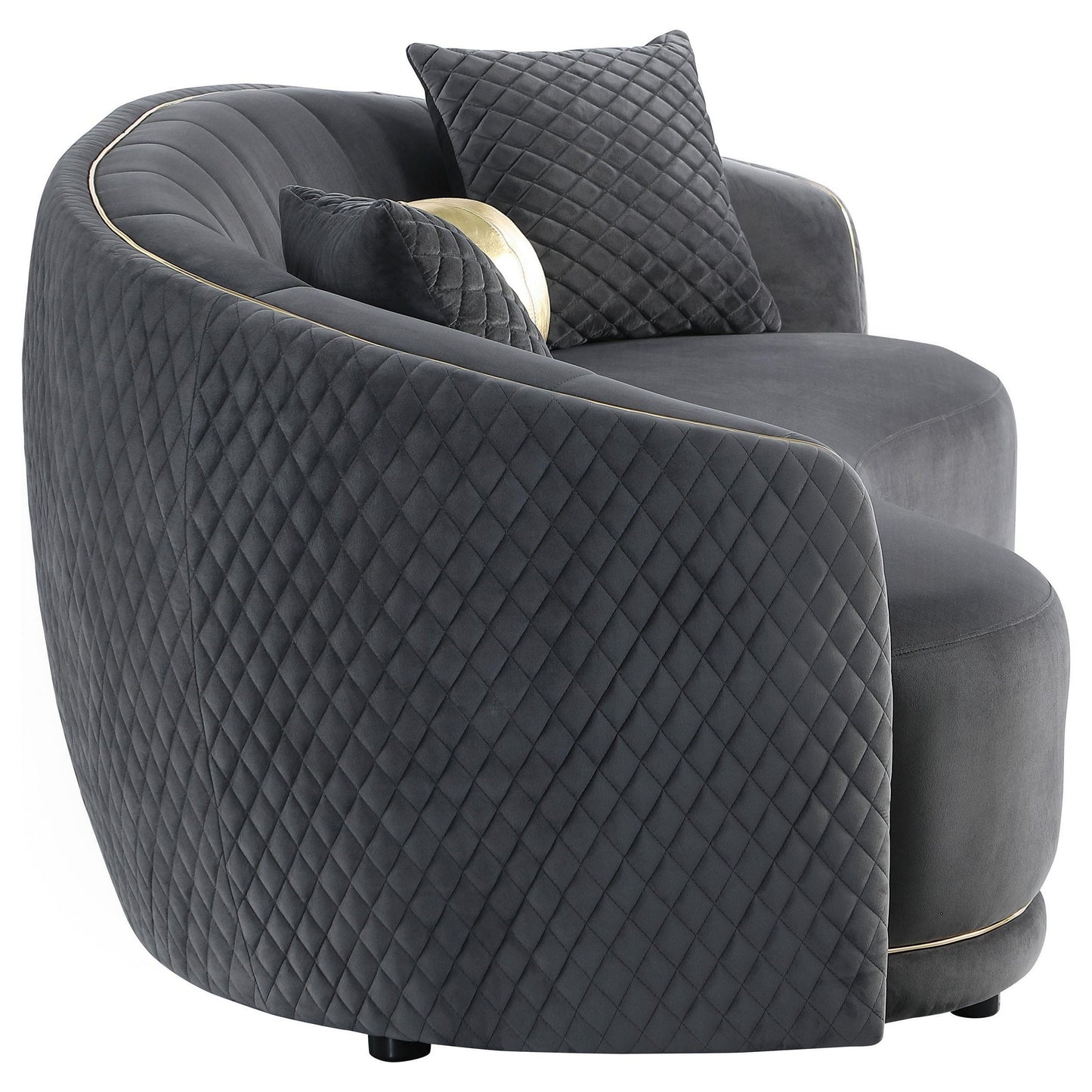 Divano curvo Buo, 92 pollici, poliestere grigio scuro, finiture dorate, 3 cuscini