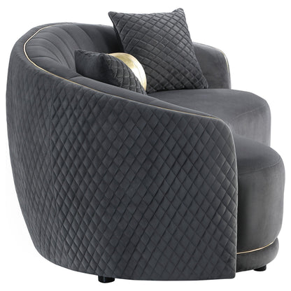 Divano curvo Buo, 92 pollici, poliestere grigio scuro, finiture dorate, 3 cuscini