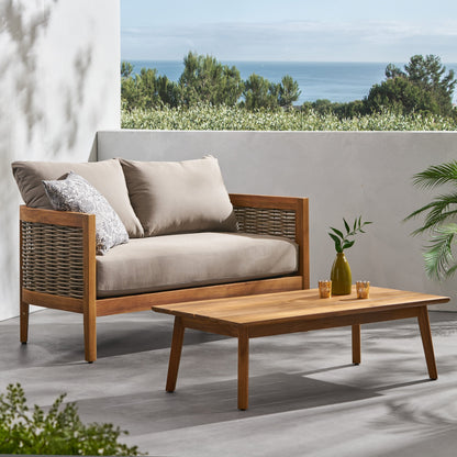 Christopher Knight Home Burchett, set di divani e tavolini da esterno in legno di acacia con cuscini Sunbrella opzionali