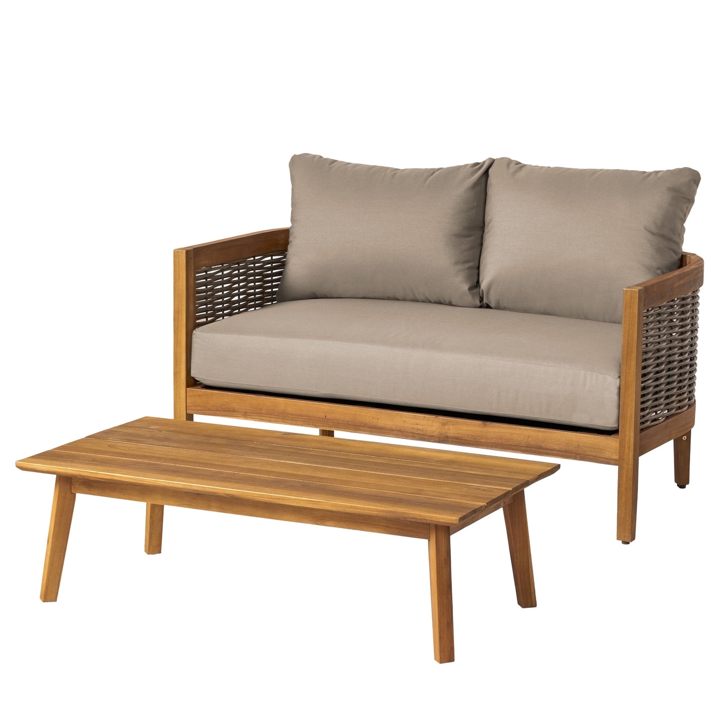 Christopher Knight Home Burchett, set di divani e tavolini da esterno in legno di acacia con cuscini Sunbrella opzionali