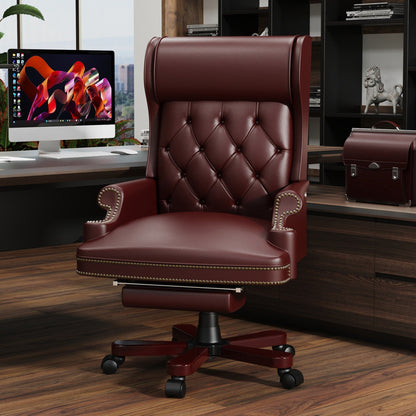 Poltrona girevole ergonomica da ufficio in similpelle color bordeaux con poggiapiedi, schienale con bottoni trapuntati e decorazione con borchie